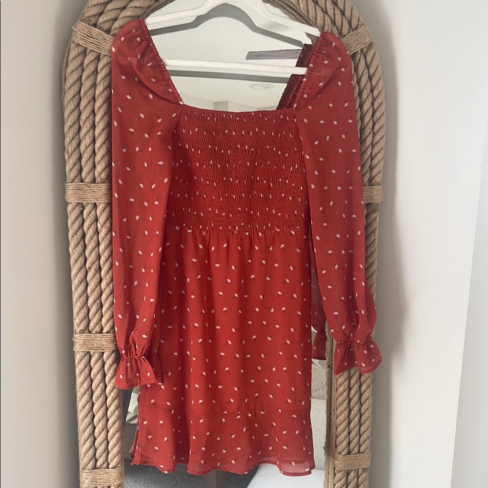 Red Floral Smocked Long Sleeve Dress